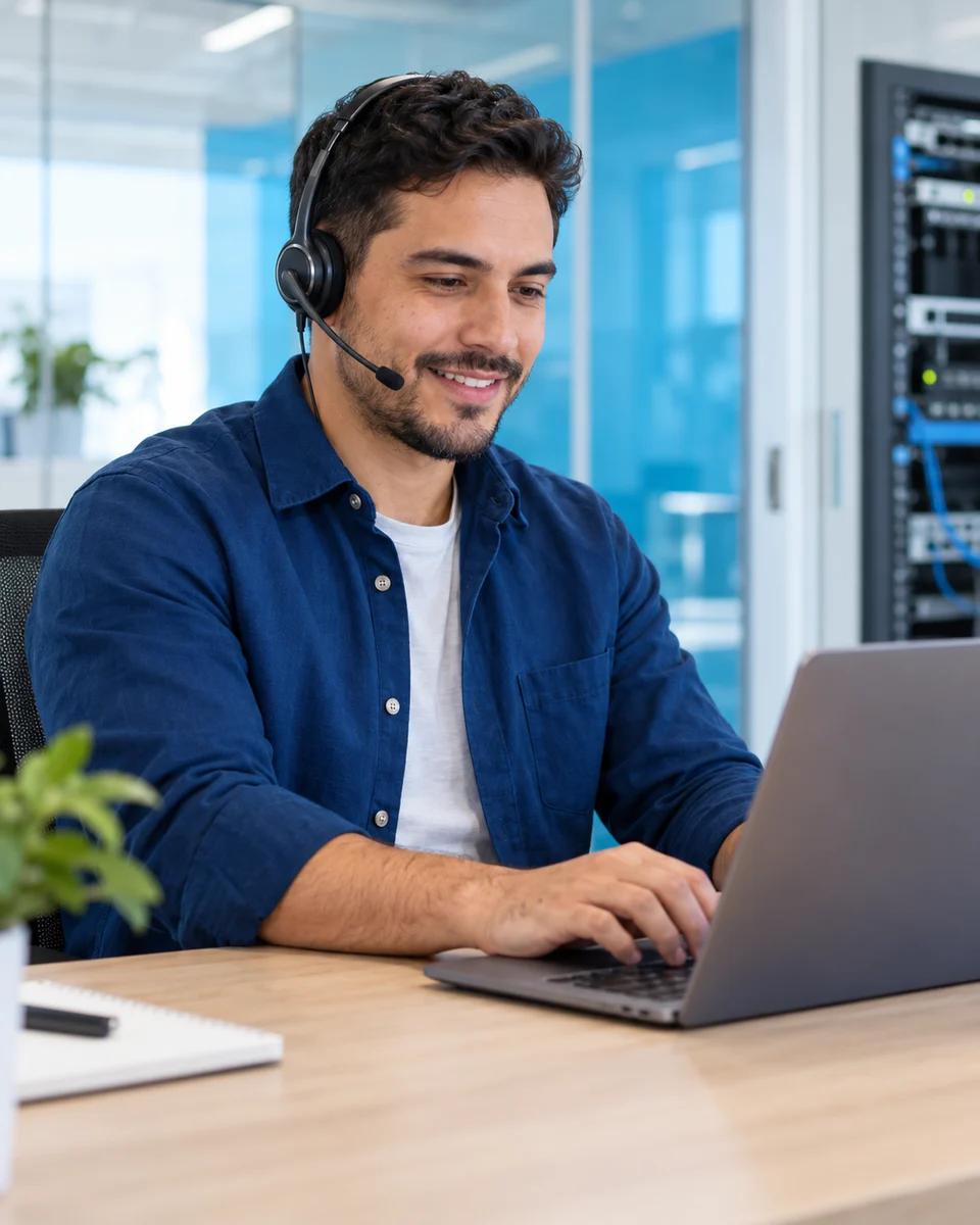 Illustrative Szene eines Support-Spezialisten, der eine Anfrage am Computer bearbeitet